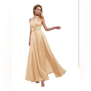 NWT Elegant Gold  Satin Halter Maxi Dress